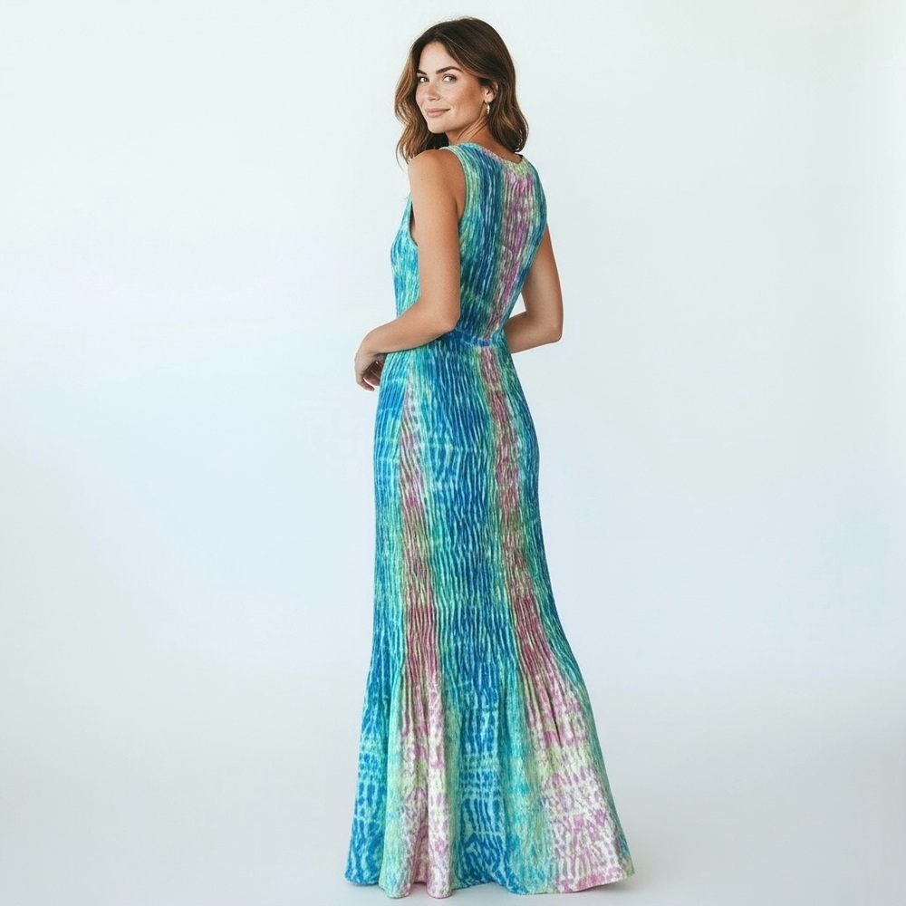 CALYPSO ST BARTH  100% Silk Pleated Maxi Dress Tie Dye Boho Blue Pink Green L - Picture 3 of 15